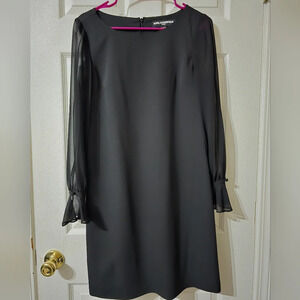 Karl Lagerfield Black Crepe Sheath Mini Dress, Sheer Chiffon Slit Sleeves, EUC!